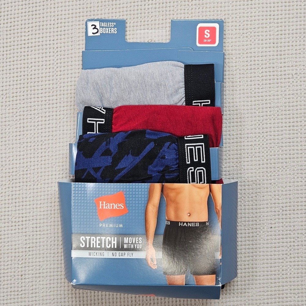 Hanes Premium Mens 3 Pk Stretch Tagless Boxers Small 28-30 Red Gray‎ Blue 9HPKB4